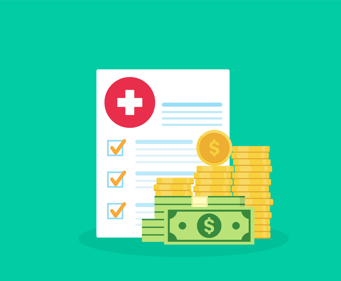 Medicare Advantage overpayments, Medical document with money. Form of health insurance. Idea of expensive medicine, health care costs or expenses. medicare spendings.